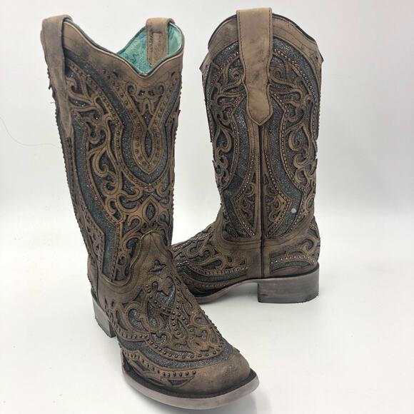Corral Inlay Flower Embroidery Studded Leather Square Toe Western Boots Size 7 - Picture 13 of 14